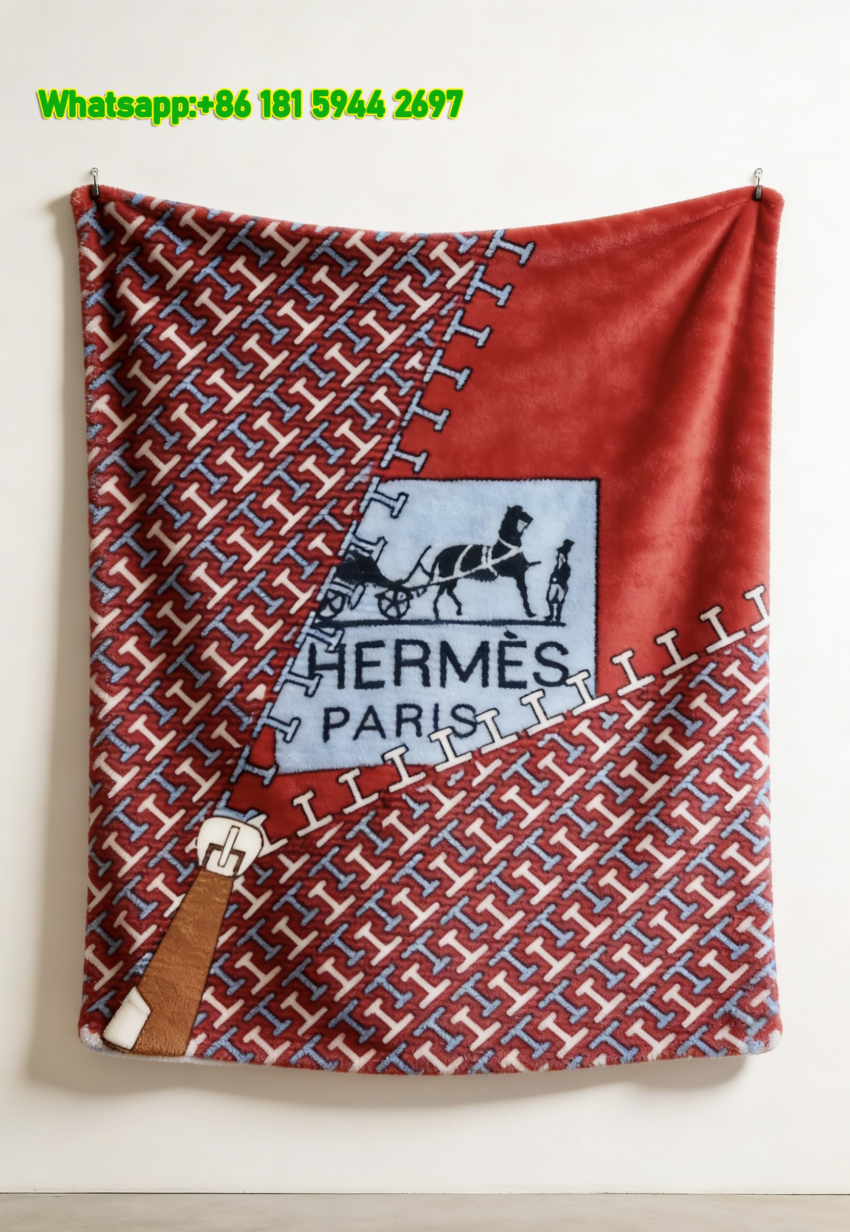 Hermès Classic Horse Carriage Logo Flannel Throw Blanket IMG_5057